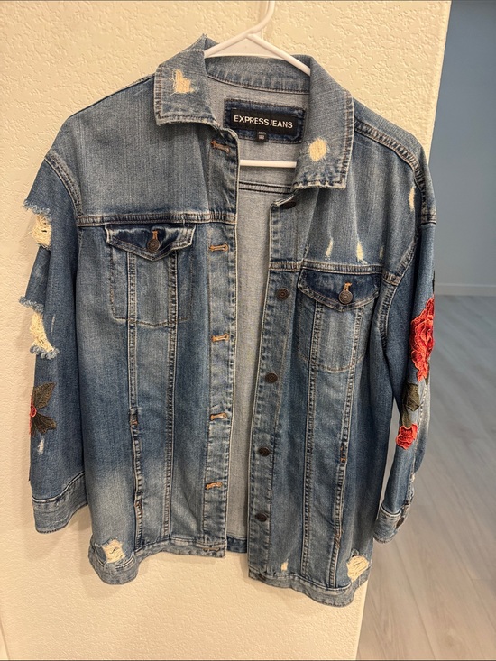 Express Jackets & Blazers - Express Distressed Blue Denim Jacket with Red Floral Embroidery